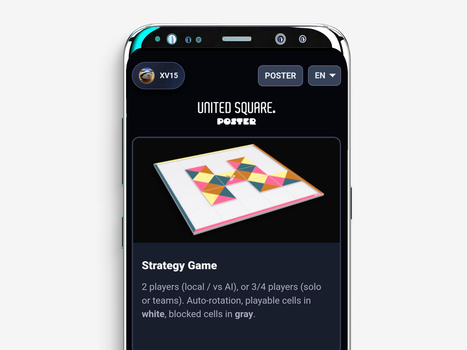 Le jeu de stratégie dans l’interface du HUB UNITED SQUARE sur mobile.