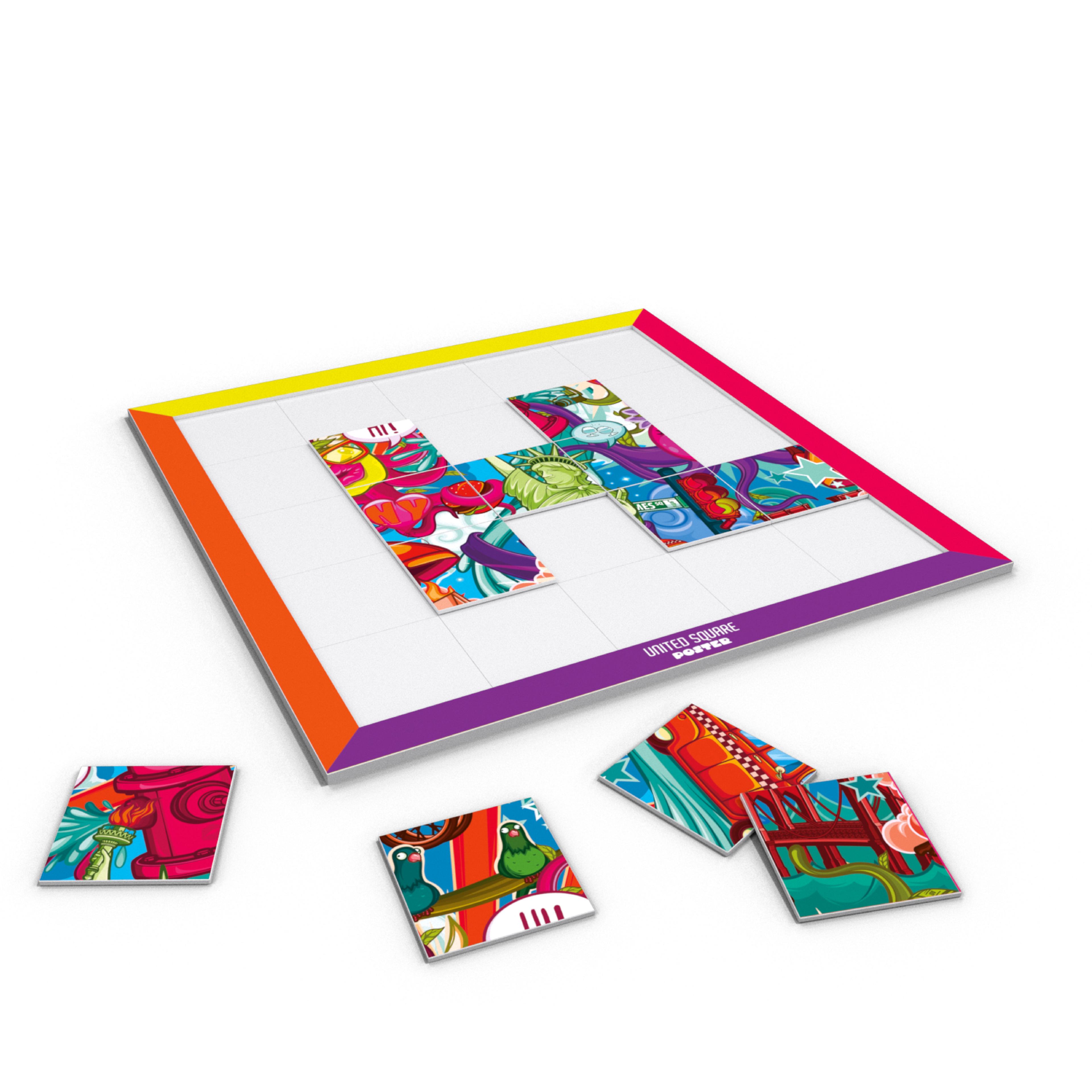 Surface puzzle United Square présentée en cours d'assemblage.