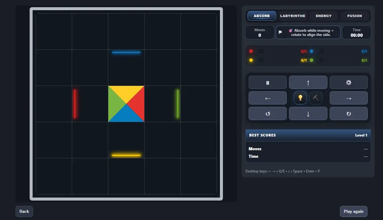 ABSORB in the HUB: game board and controls on desktop.
