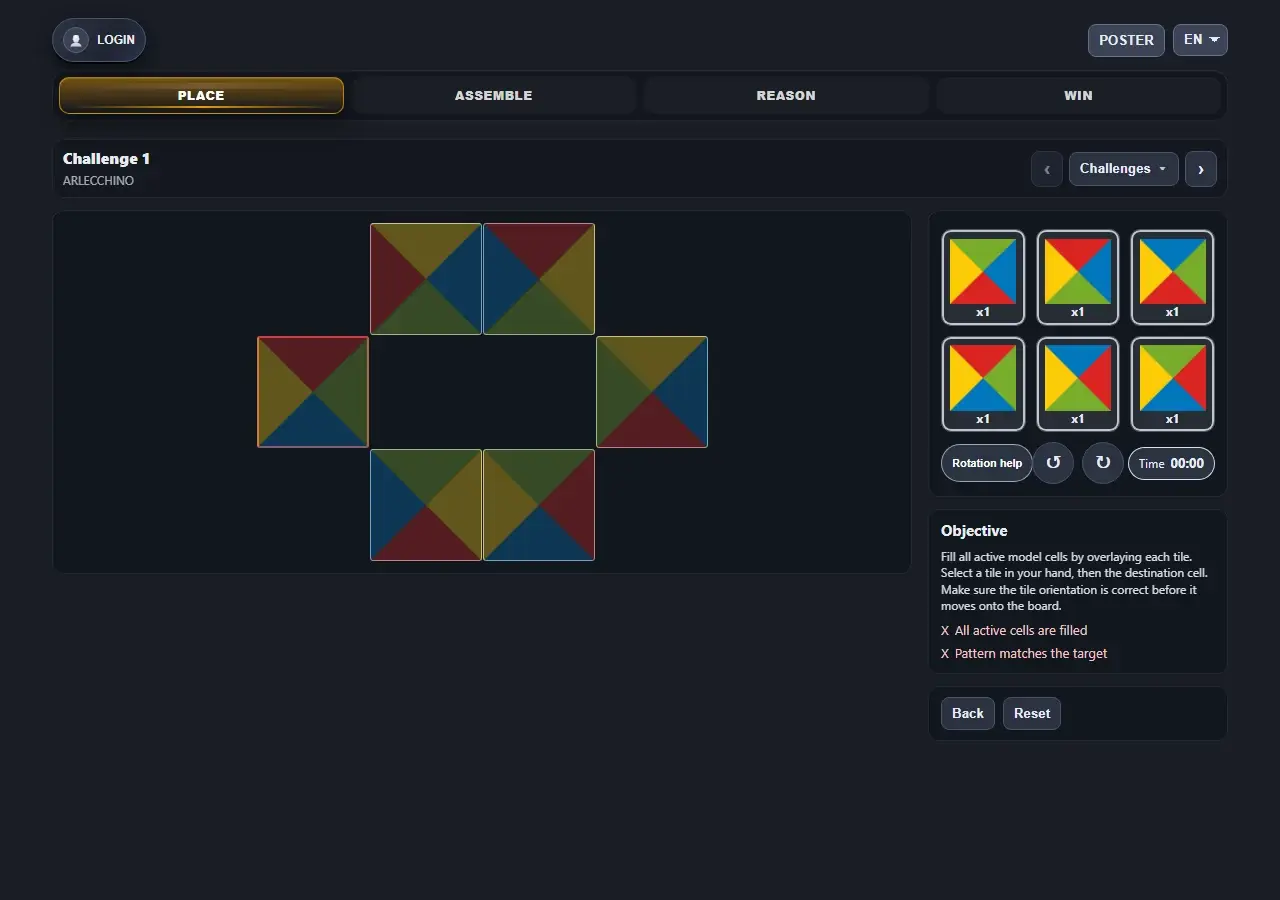 Screenshot of the first ARLECCHINO challenge in the HUB: the pattern to reproduce and six colourful pieces.