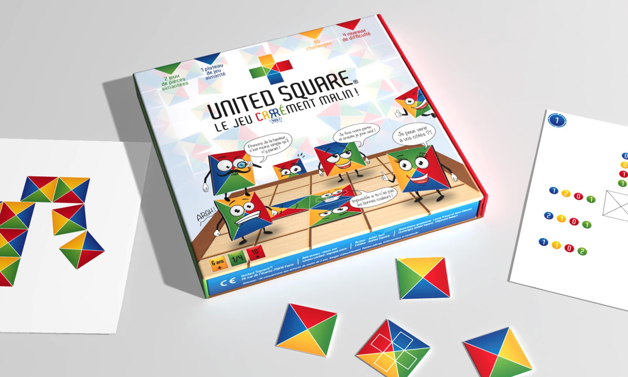 Boîte de l’édition magnétique UNITED SQUARE, pièces colorées et fiches de défis