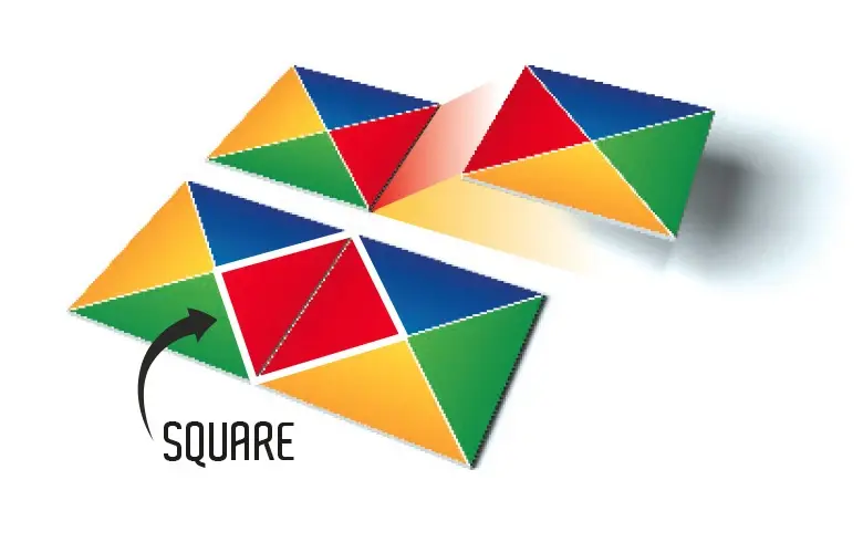 Azulejos colocados con colores a juego tocándose; dos triángulos rojos forman un cuadrado
