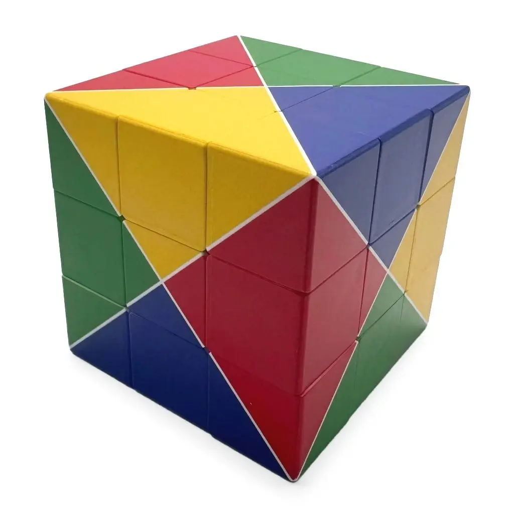 Cubo rompecabezas UNITED SQUARE, con patrones rojos, amarillos, verdes y azules que se extienden de una cara a la siguiente