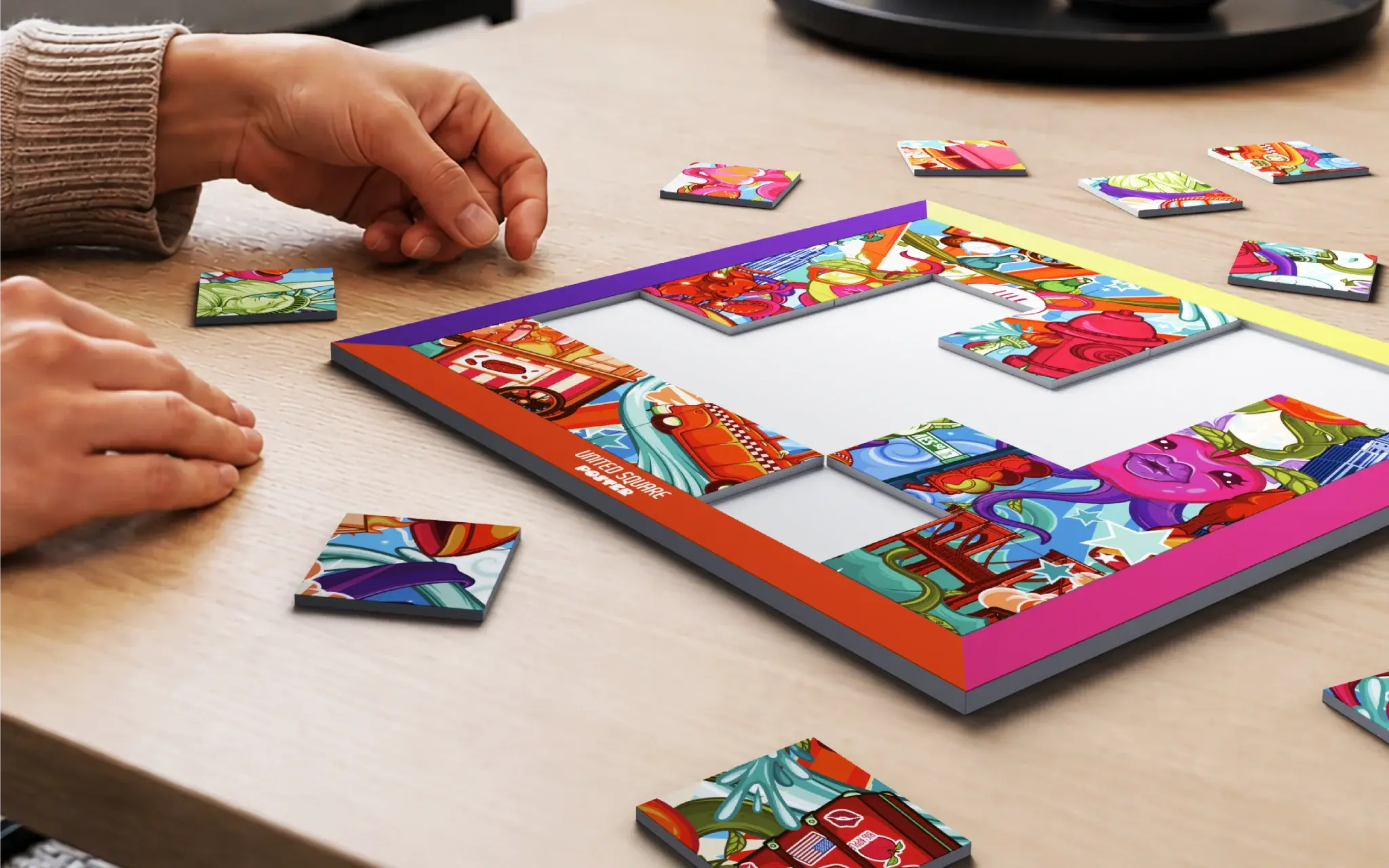 Hands assembling the UNITED SQUARE POSTER picture puzzle
