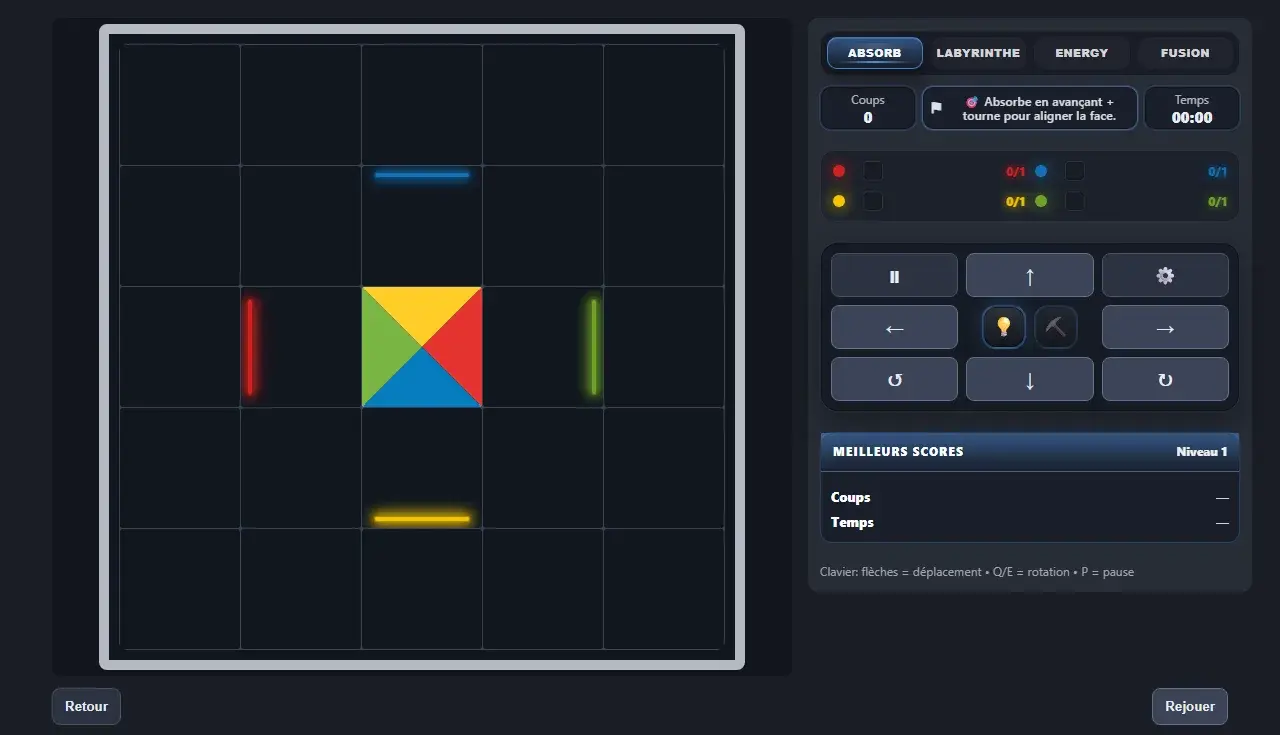 ABSORB dans le HUB : plateau de jeu et commandes sur ordinateur.