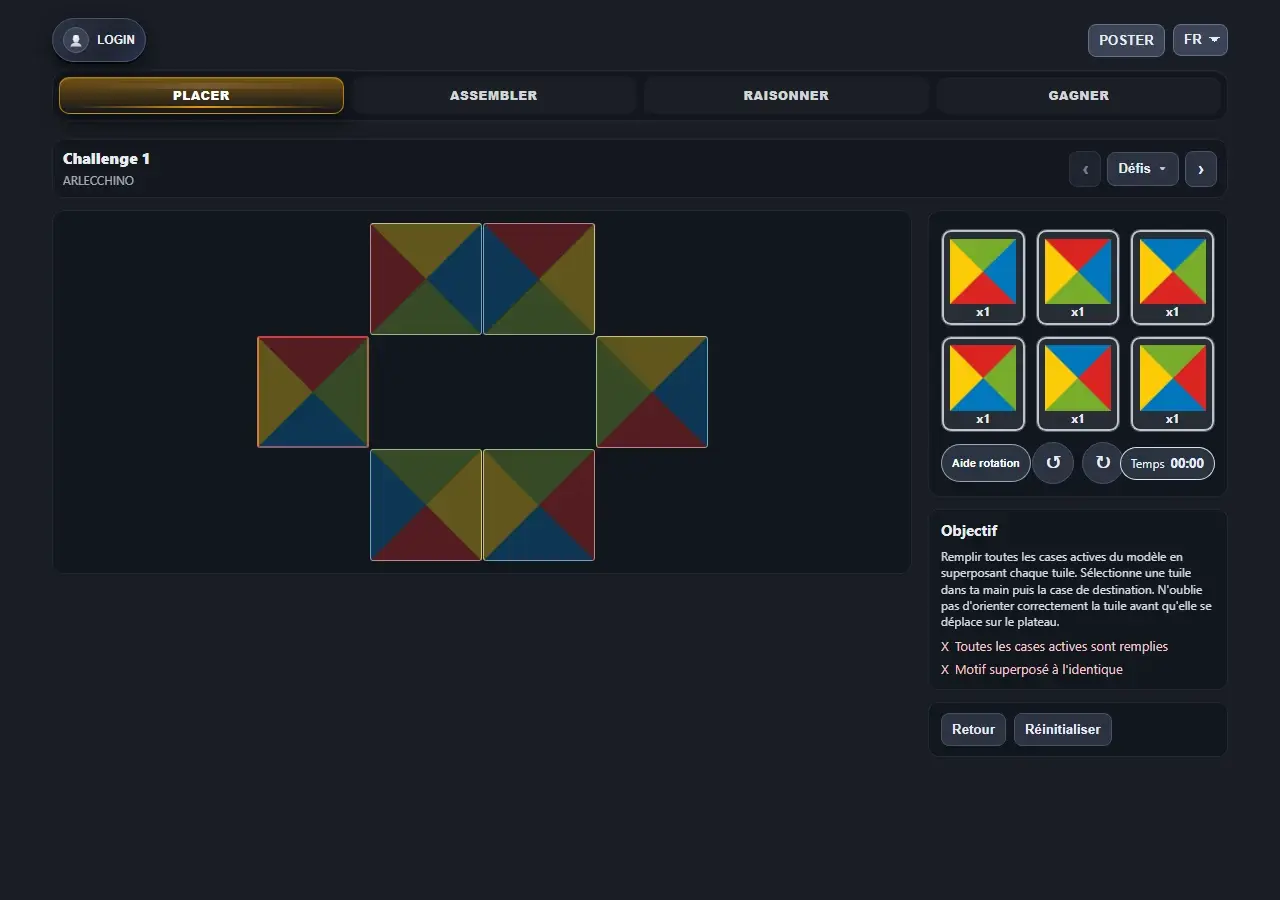 Capture du premier challenge ARLECCHINO dans le HUB : le modèle à reproduire et les six pièces colorées.