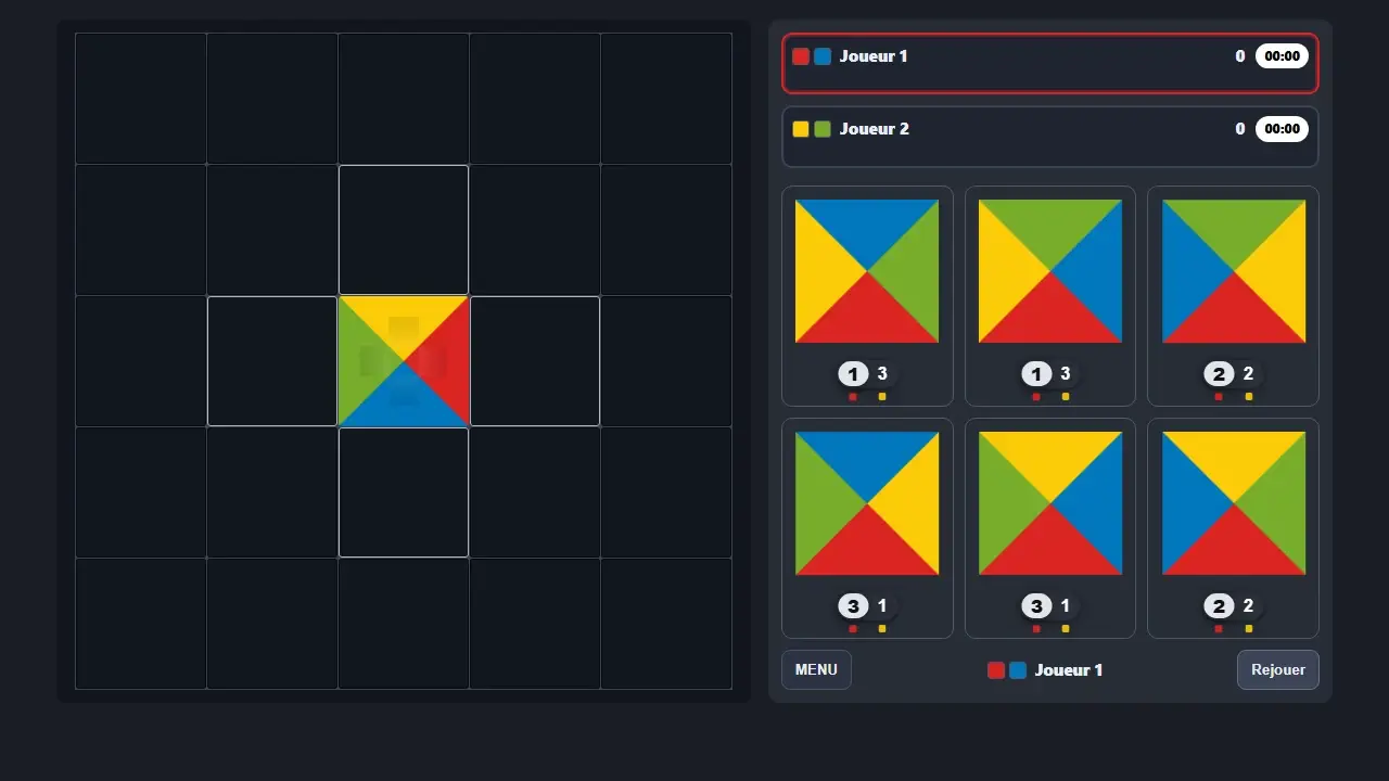 Capture du jeu de stratégie du HUB en mode deux joueurs local, avec le plateau, les six types de pièces et les couleurs des joueurs.