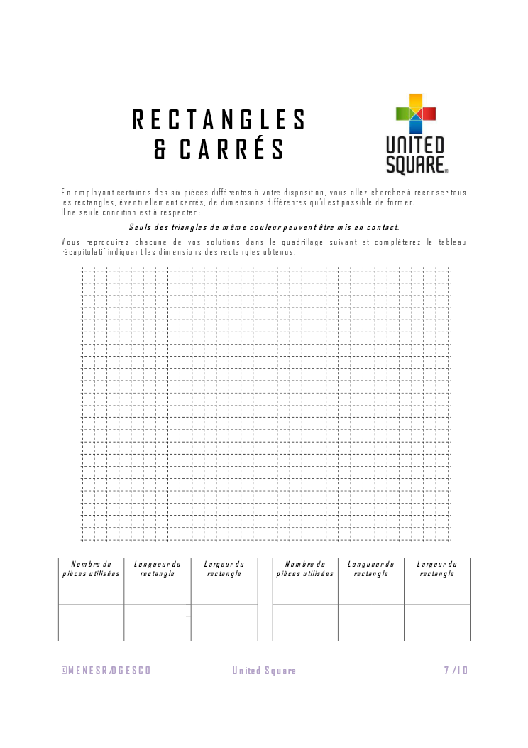 Rectangles et carrés worksheet from Assembler, with a grid and a results table