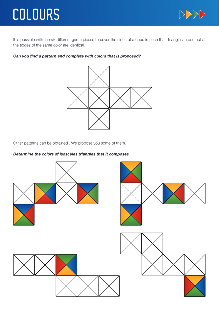 Colours page from Cubes, with several partly coloured cube nets